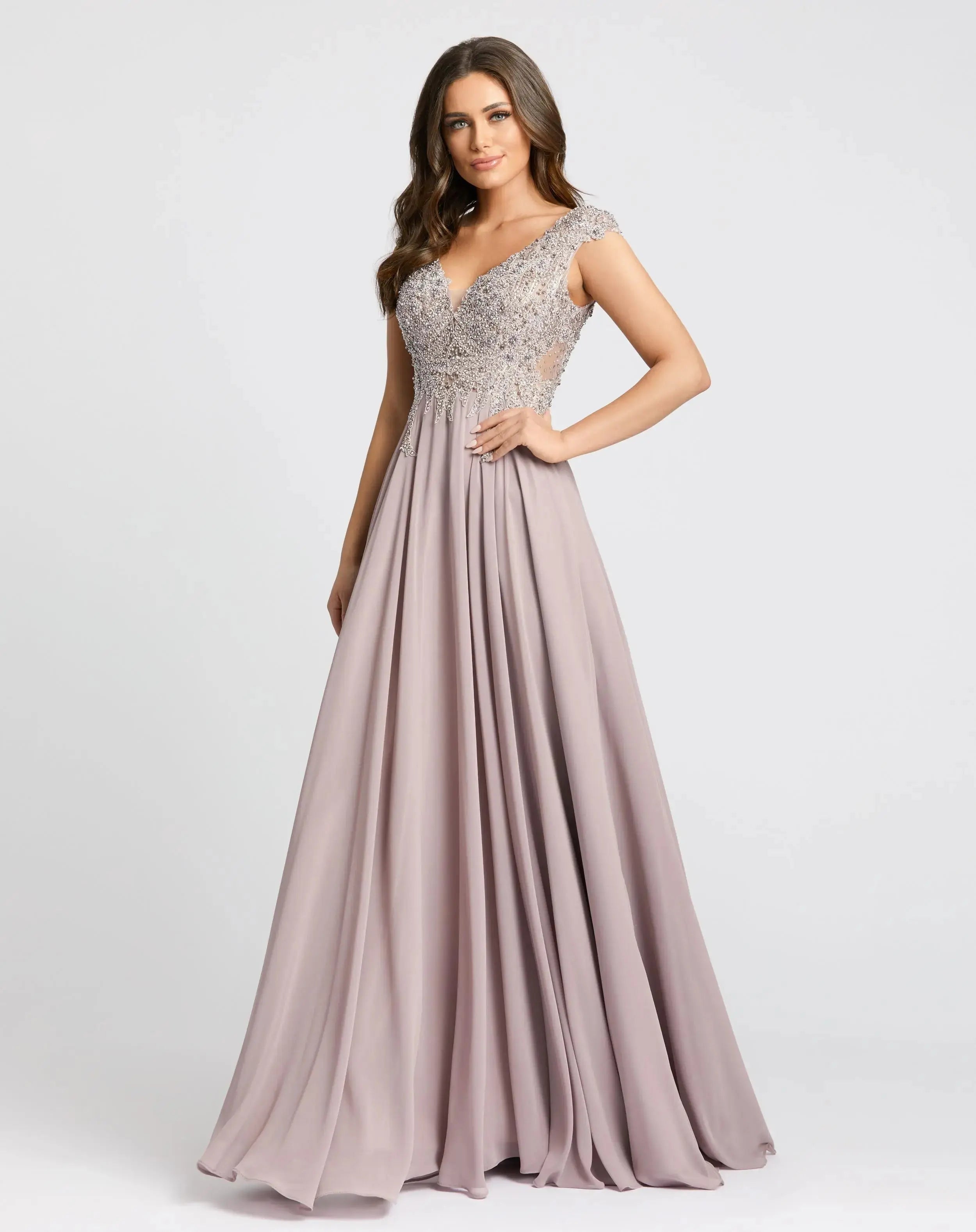Applique Cap Sleeve Bodice Flowy Gown
